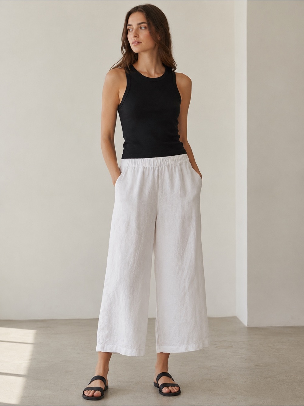 Cynthia Rowley 100% Linen White Wide-Leg Cropped Pants